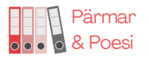 Ilistration med 3 st stående pärmar i tre olika färger samt text Pärmar och Poesi